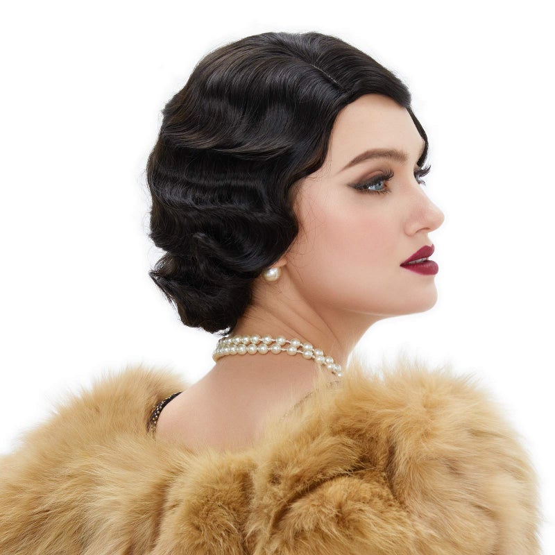 STfantasy 20S Finger Wave Wig Flapper Curly Synthetic Hair for Women 1920s Cosplay Costume Halloween Party Daily Everyday Wear (Black) - Image 2
